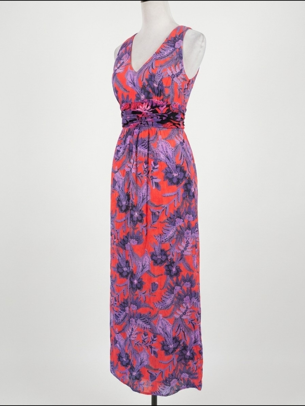 Maeve Coral and Purple Floral V-Neck Maxi Dress